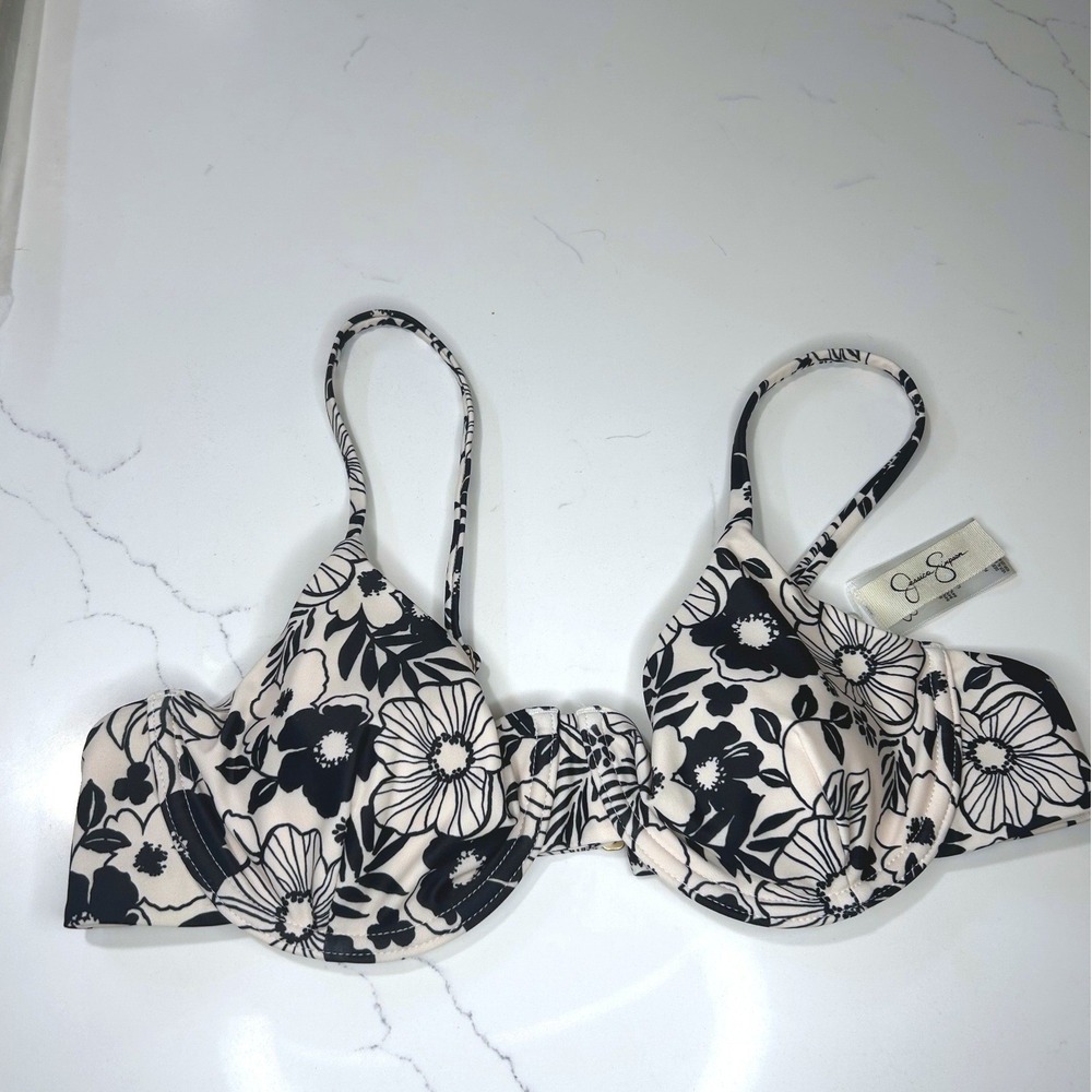 NEW Jessica Simpson Womens Black White Floral Underwire Bikini Top Large Beach